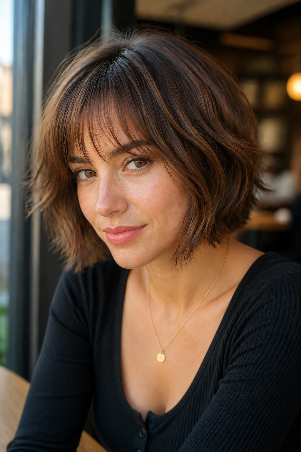 Real woman with shaggy bob and wispy bangs in warm, sunlit setting.