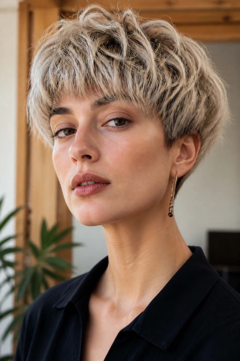 Close-up of The Shaggy Bowl-Cut Pixie on a real person with circular hairline silhouette