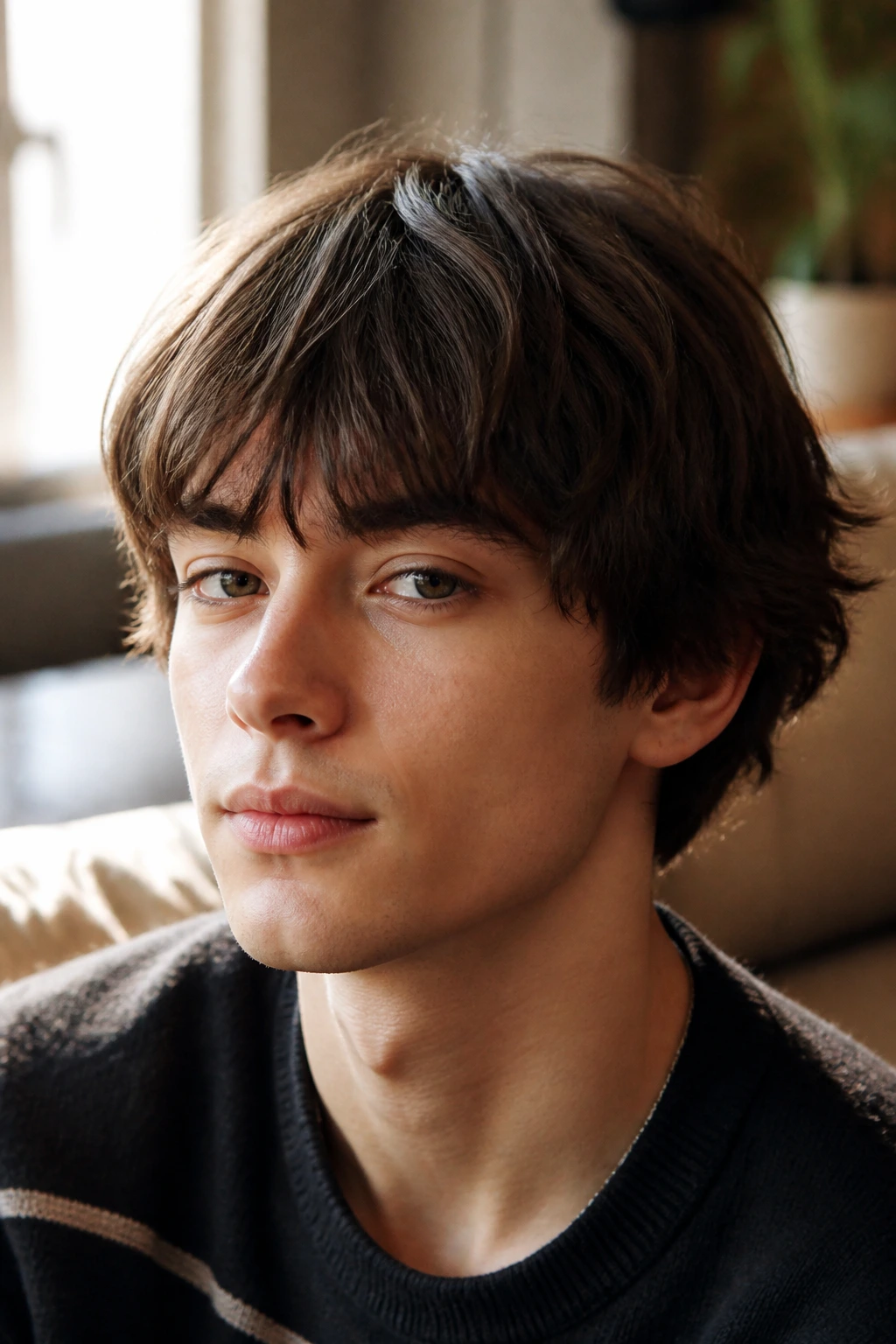 Close-up of a real person with a shaggy bowl cut featuring textured layers and irregular fringe in warm window light