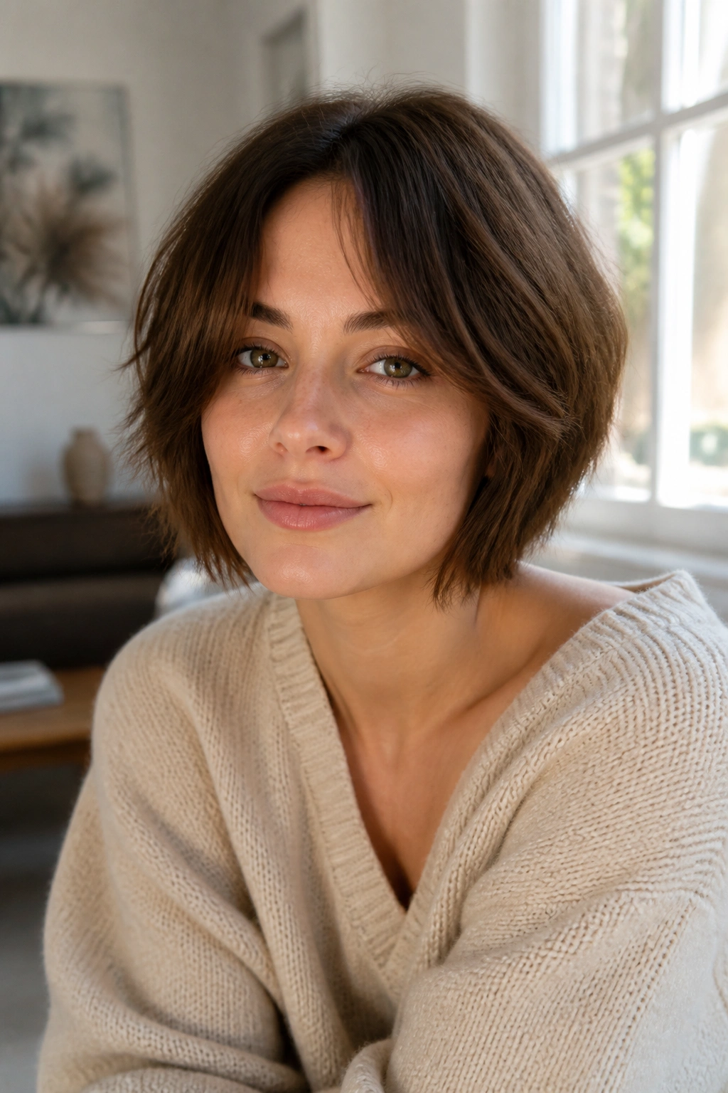 Real woman with shaggy brown bob and curtain bangs by sunny window