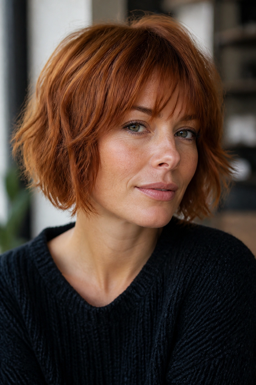 Portrait of a woman with shaggy copper bob and layered texture.