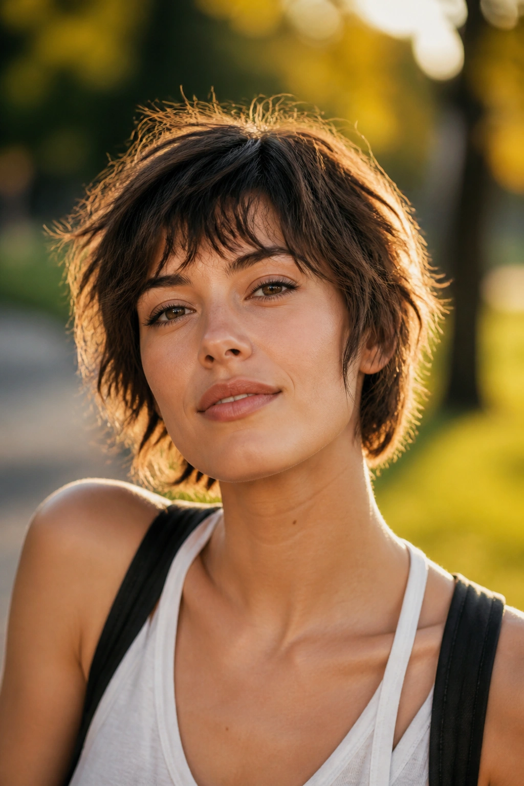 Real person with shaggy crop and choppy layers in park light.