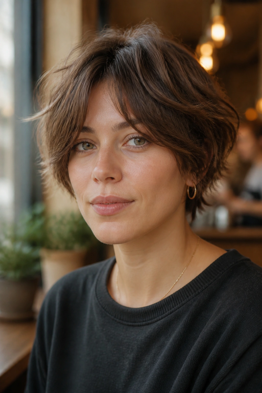 Close-up portrait of a woman with a shaggy crop and curtain bangs in a cafe setting