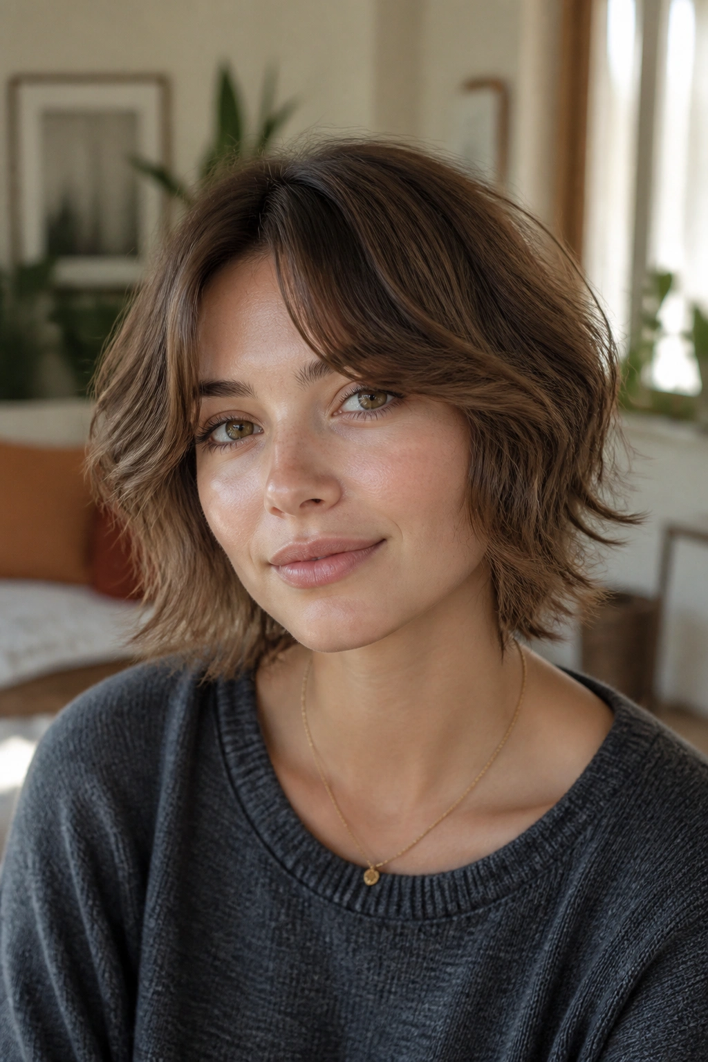 Close-up portrait of a real person with shaggy crop and curtain bangs in warm window light.
