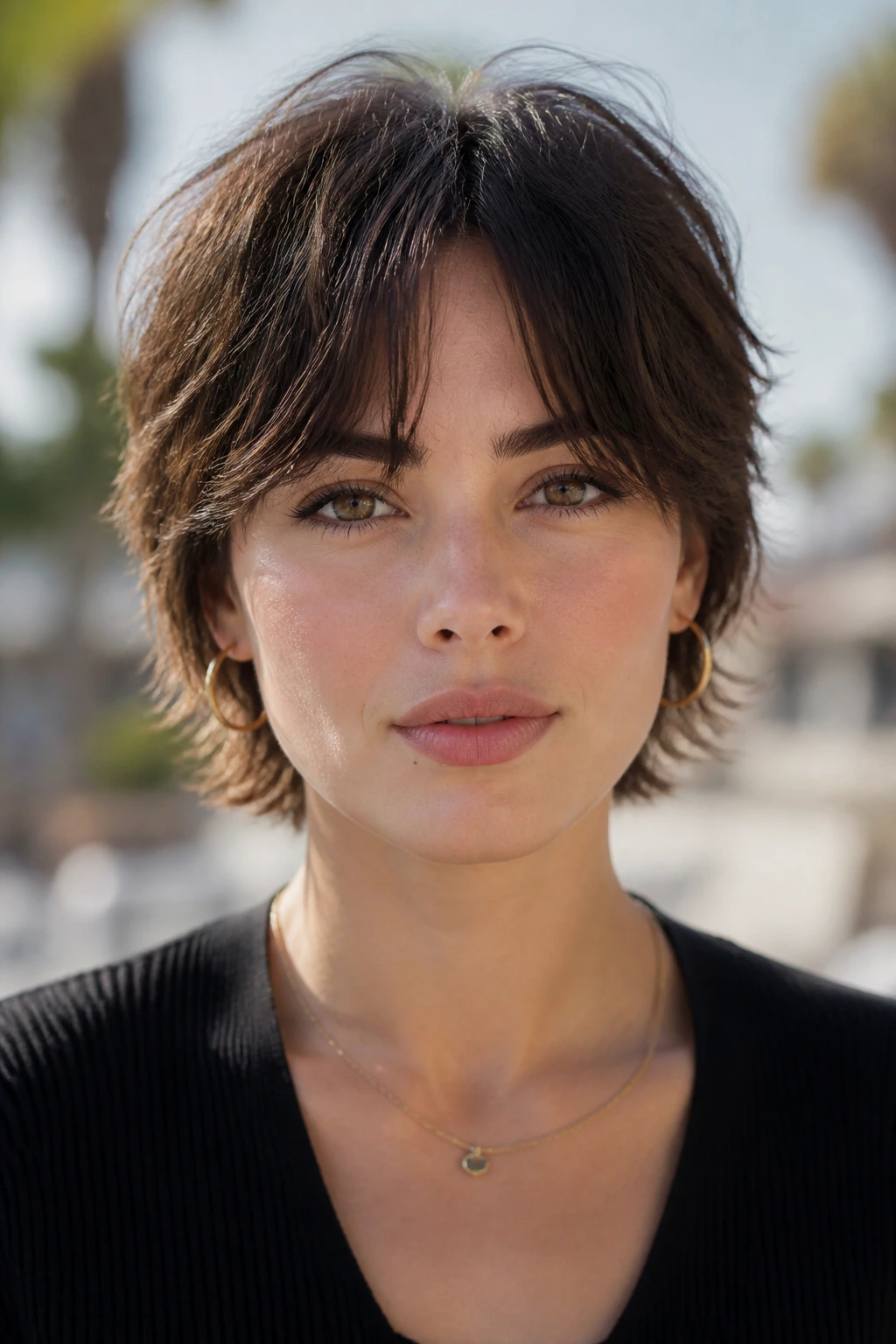 Close-up of a woman with a shaggy crop and curtain fringe in bright daylight