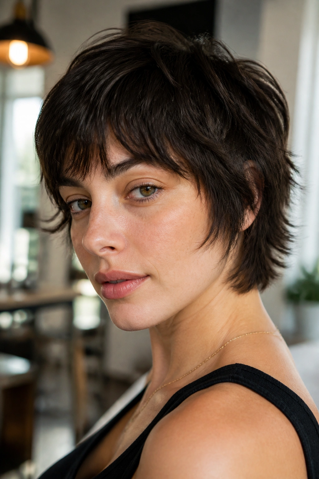 Close-up of a real woman with a shaggy crop and soft ends in natural light.