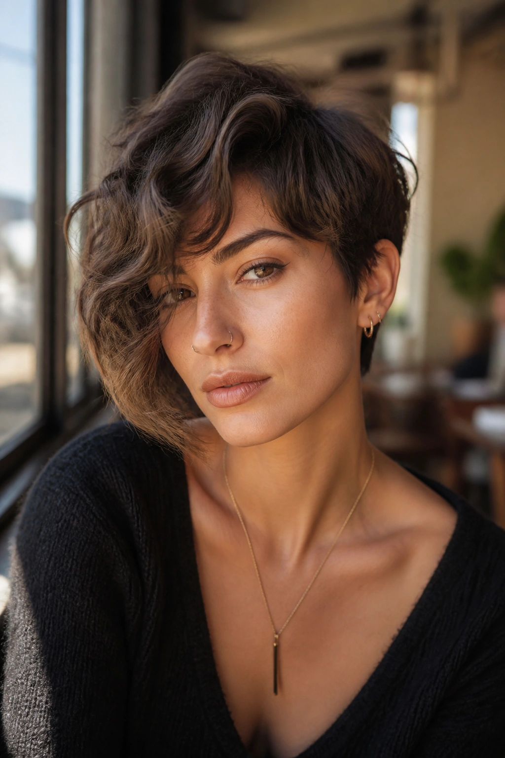 Close-up of a real person with a one-side longer shaggy crop showing tilted silhouette