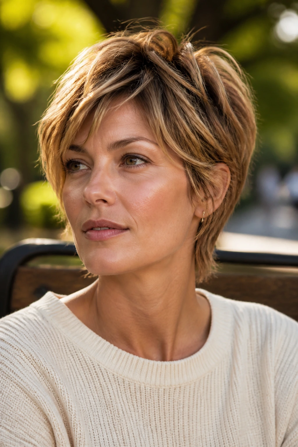 Close-up portrait of a woman with long-layered shaggy crop in a park at golden hour