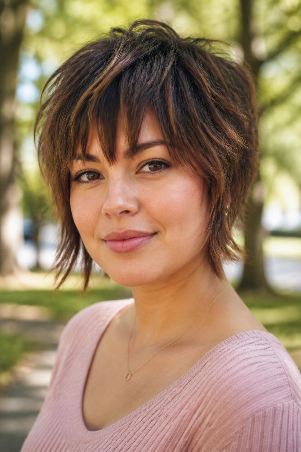 Close-up of a real woman with a shaggy crop and wispy fringe