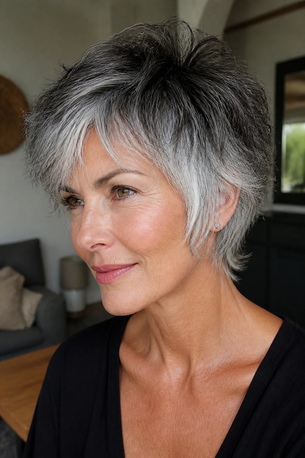 Close-up of a real woman with a shaggy crop and silver ends