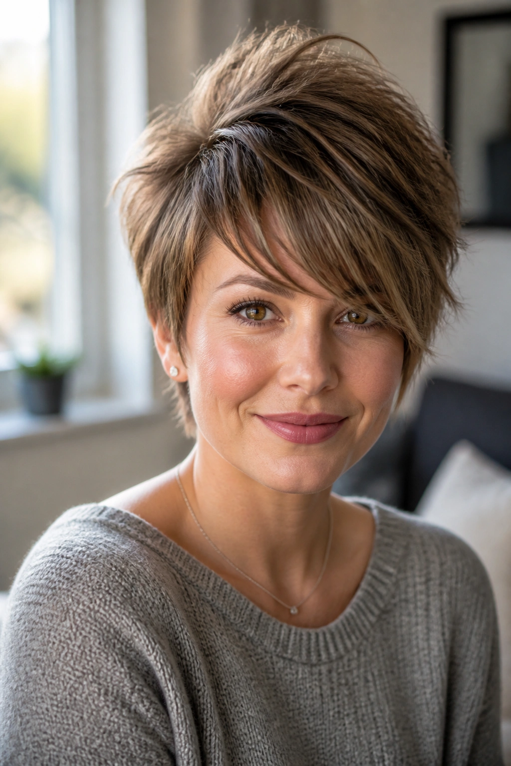 Close-up portrait of a person with shaggy side fringe and crown lift hair