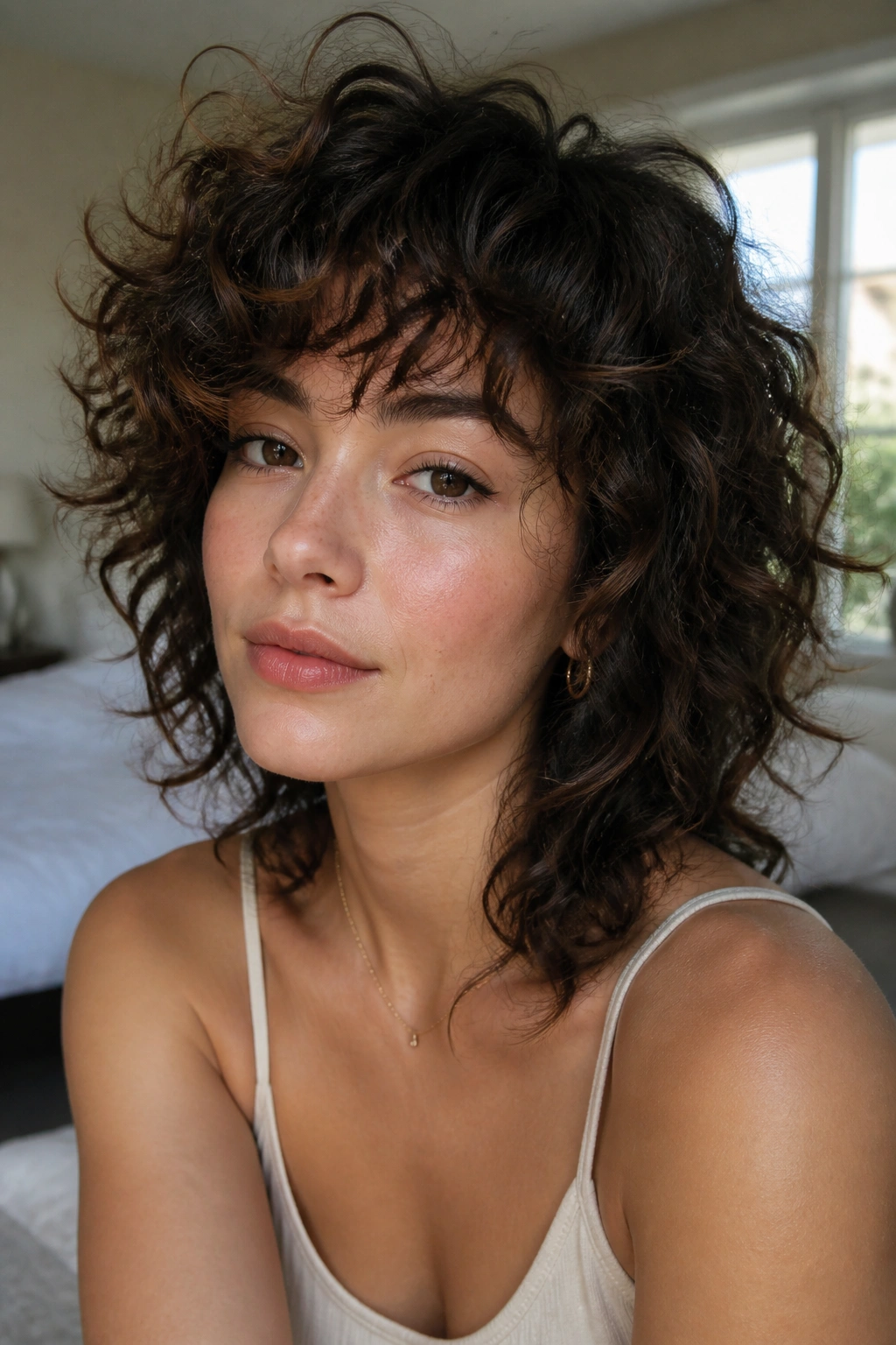 Close-up portrait of a real woman showing shaggy curly bangs with choppy layers in a softly lit bedroom.