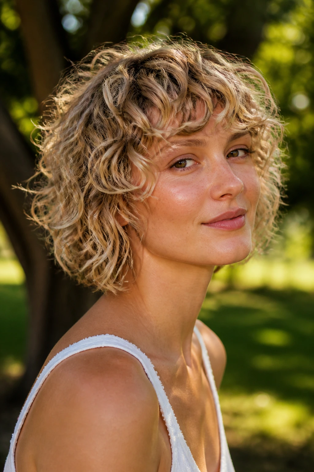 Portrait of woman with shaggy curly bob and choppy layers