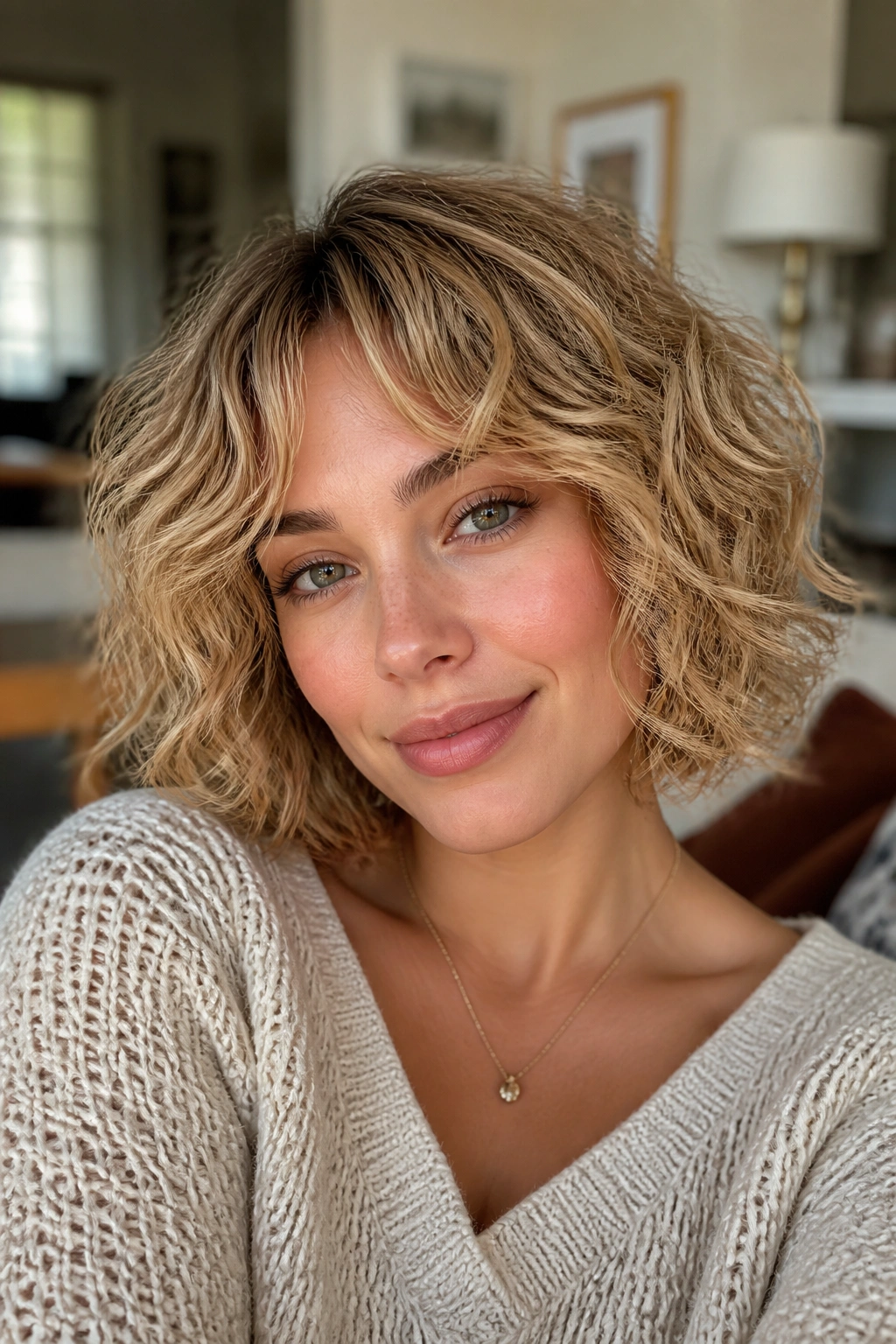 Close-up portrait of a real woman with a shaggy curly bob and curtain bangs in warm window light