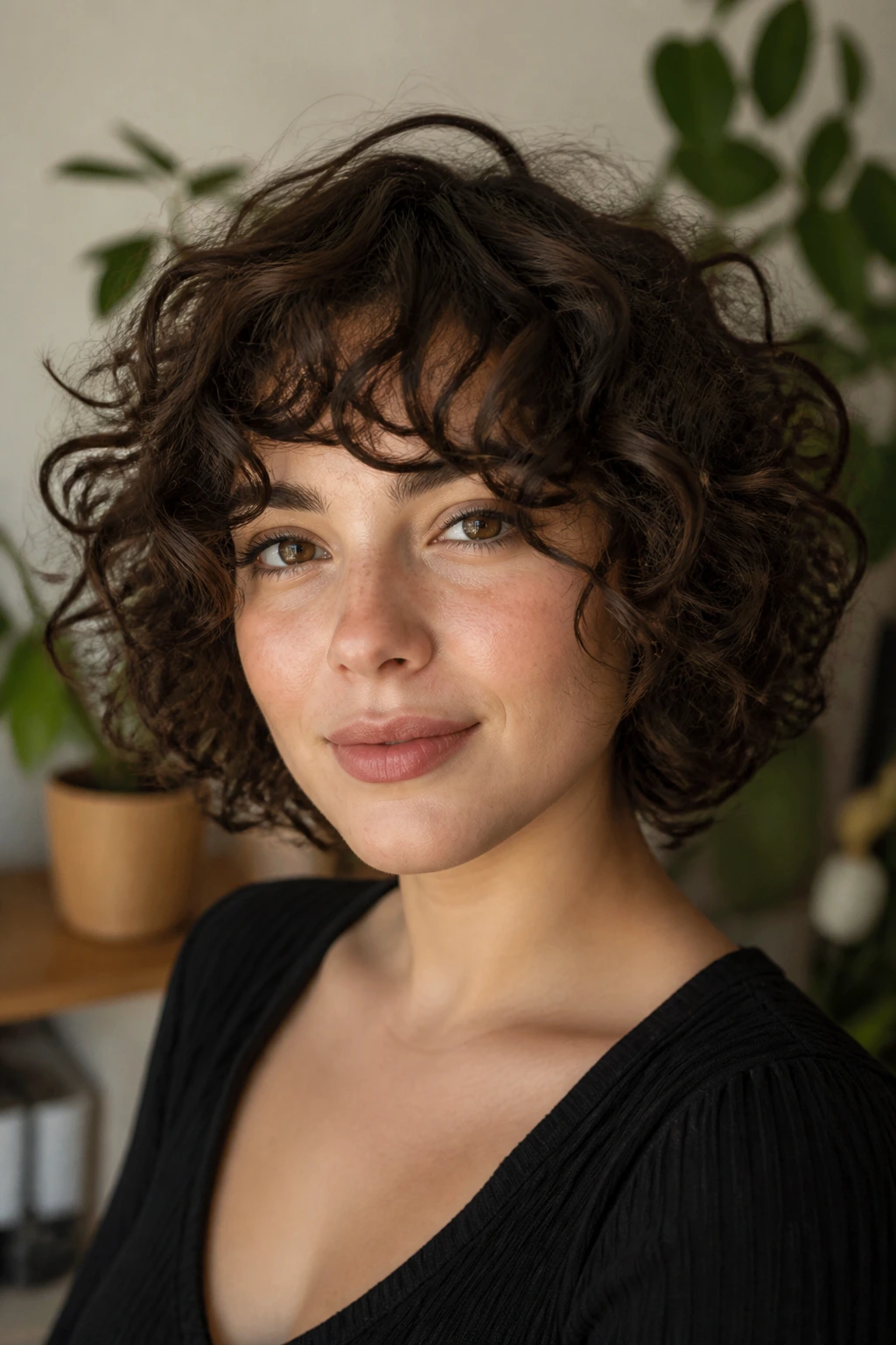Close-up portrait of a woman with shaggy curly bob and messy texture in warm light.