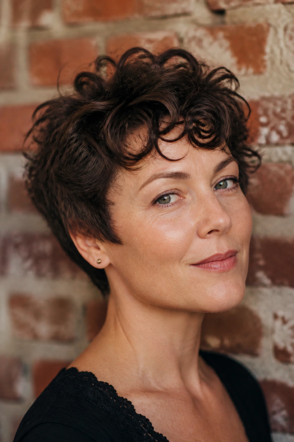 Real woman with shaggy curly pixie featuring piecey crown curls