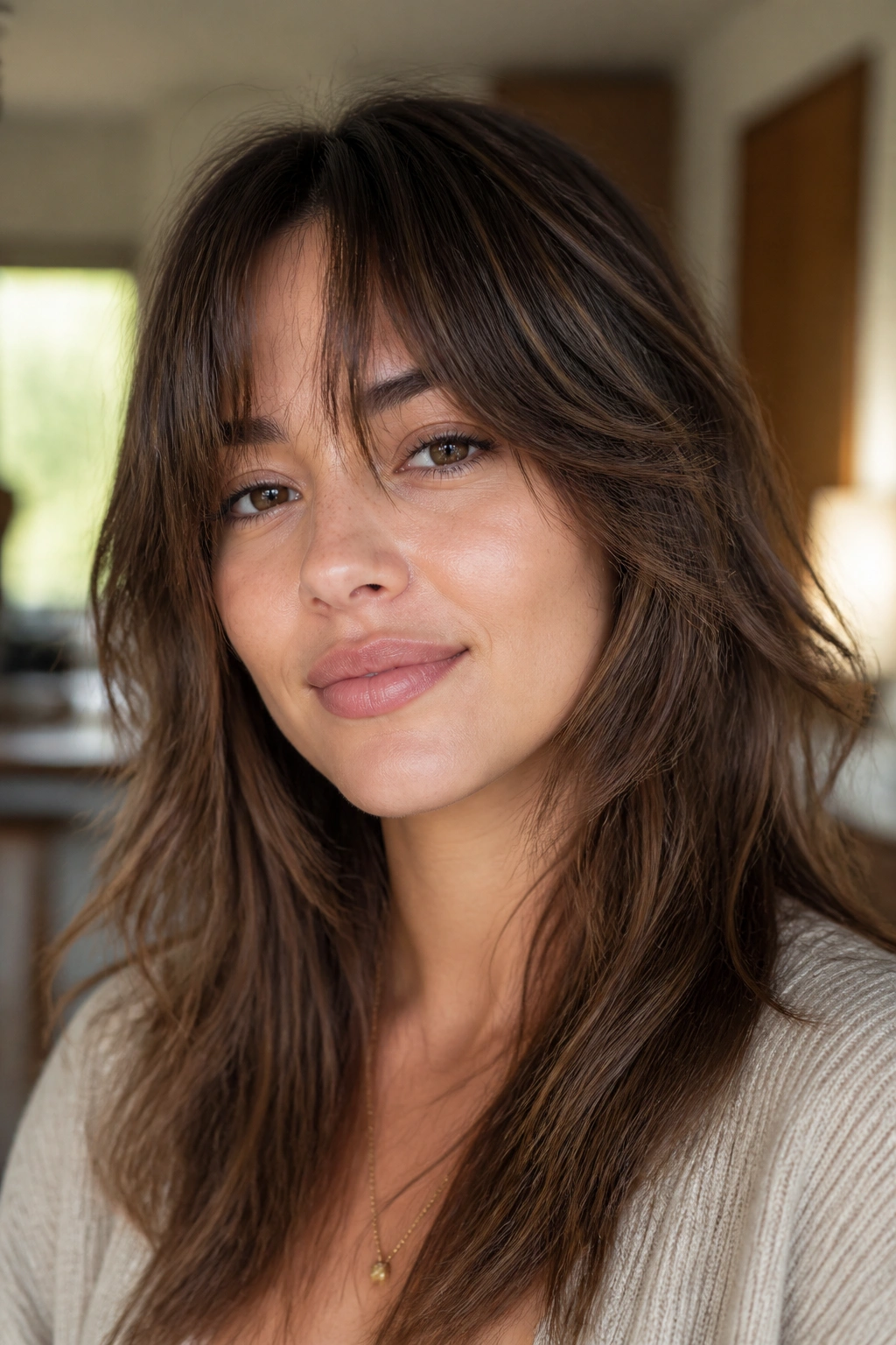 Close-up of a real woman with shaggy curtain bangs and broken texture in natural light