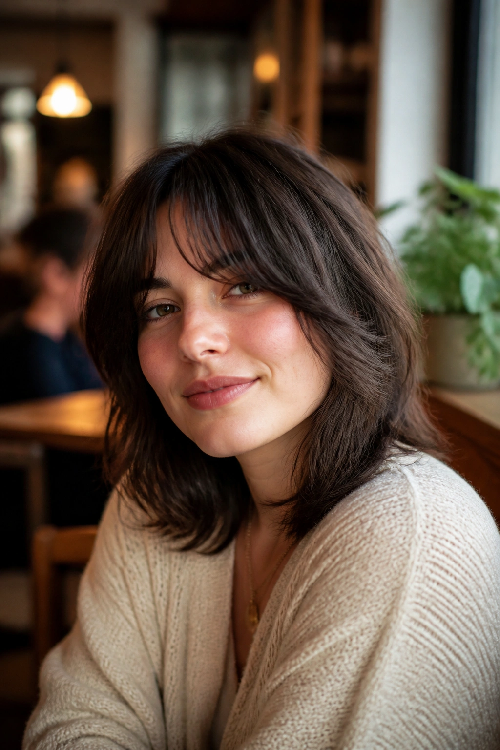 Real woman with shaggy curtain bangs and soft feathered ends in warm cafe light.