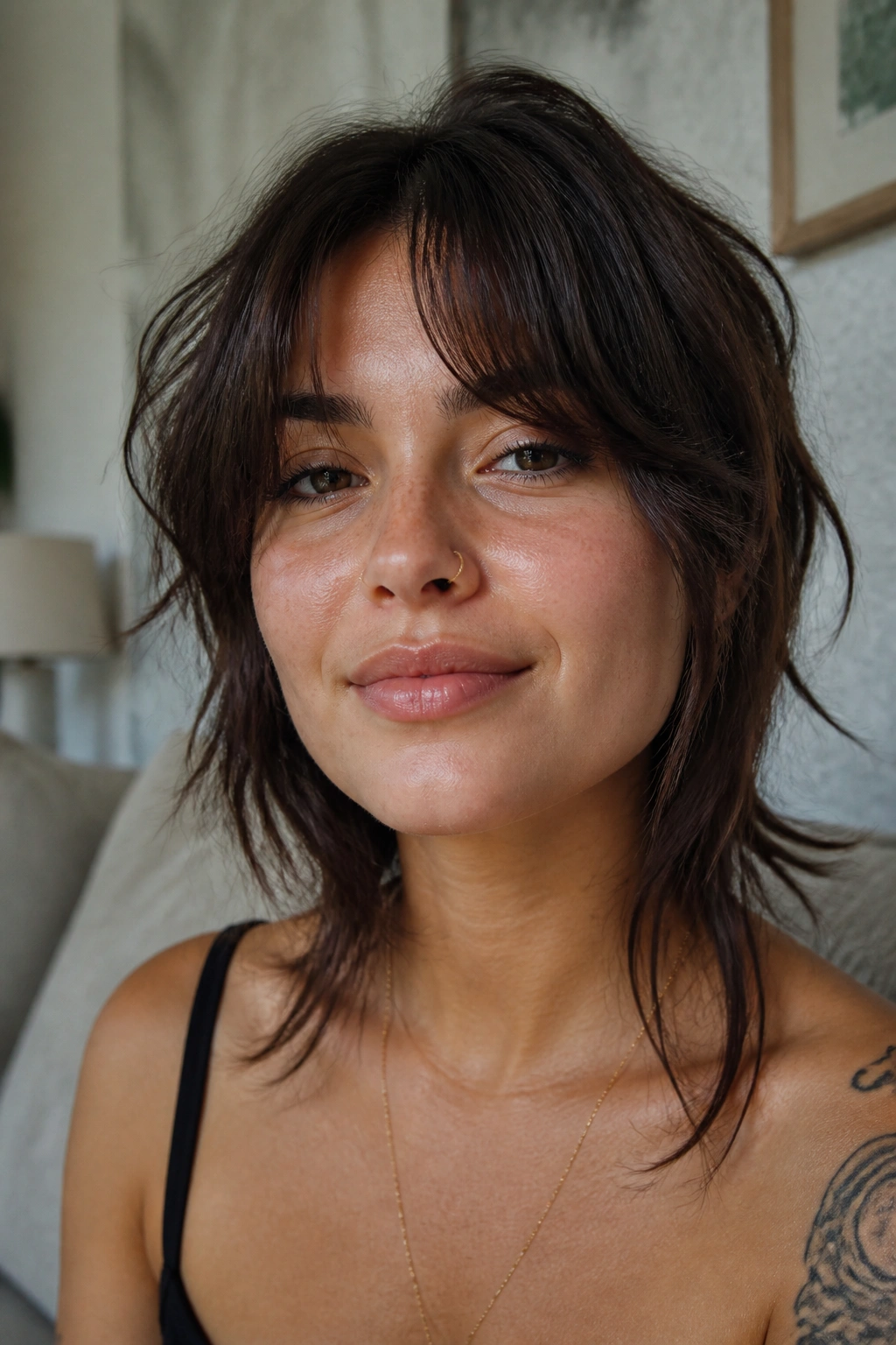 Close-up of a real person with shaggy curtain bangs in a casual living room