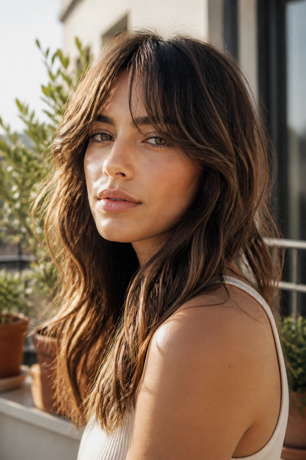 Real woman with shaggy curtain bangs outdoors on a sunny balcony