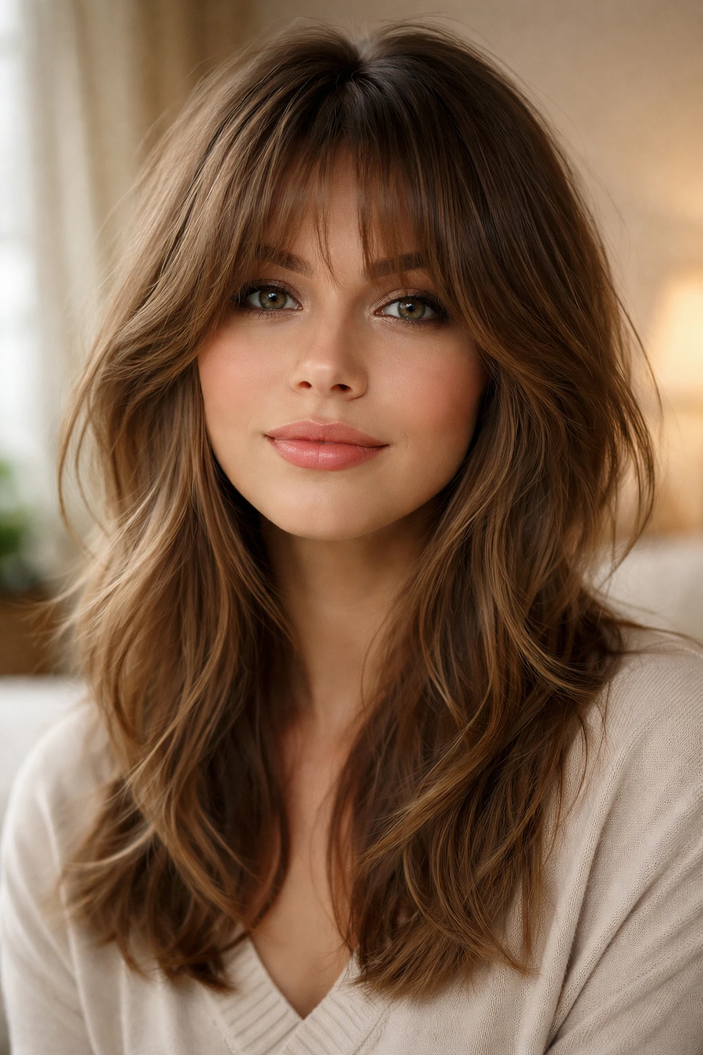 Close-up portrait of a real woman with shaggy curtain bangs forming vertical lines