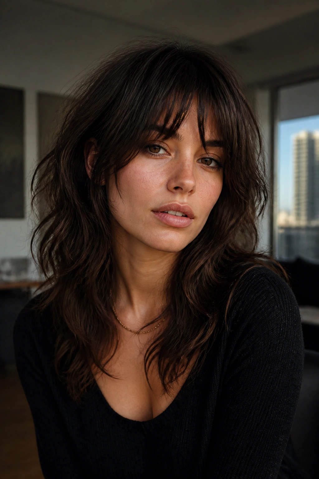 Portrait of a real woman with shaggy curtain bangs