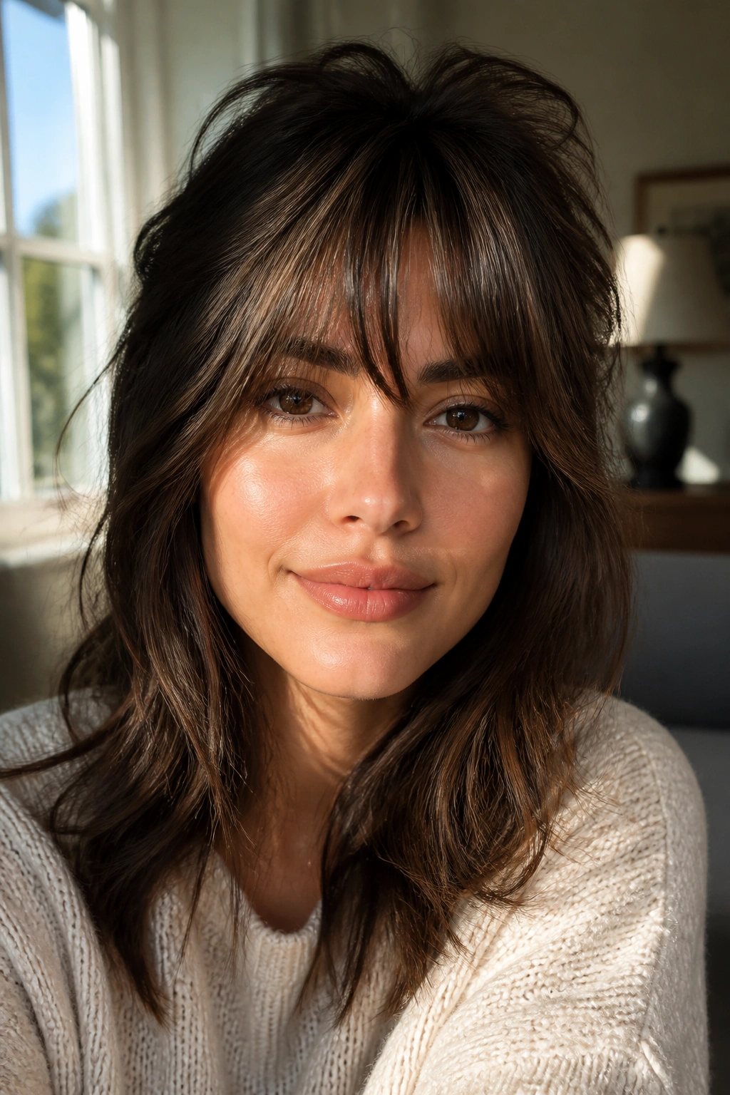 Woman with shaggy feathered bangs and crown lift in natural window light