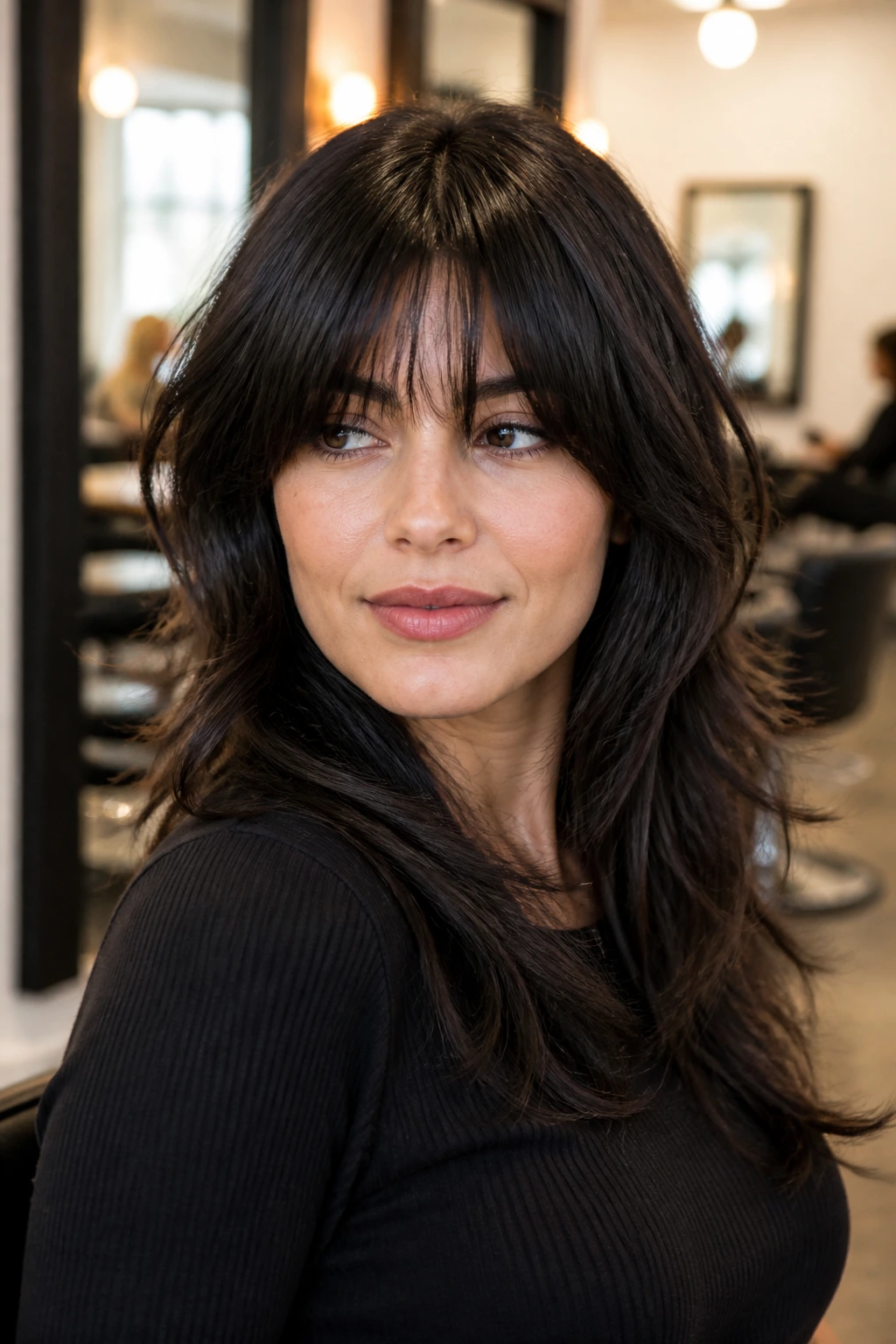 Close-up real-woman portrait with shaggy fringe and built-in layers.