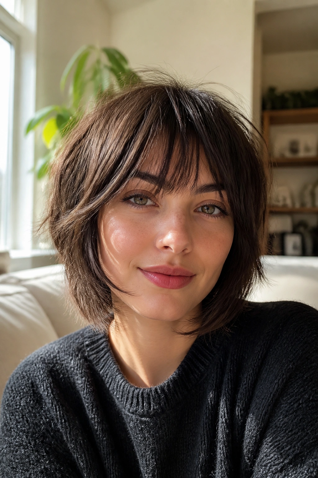 Close-up portrait of a real woman with shaggy fringe blending into chin-length layers in a sunlit living room