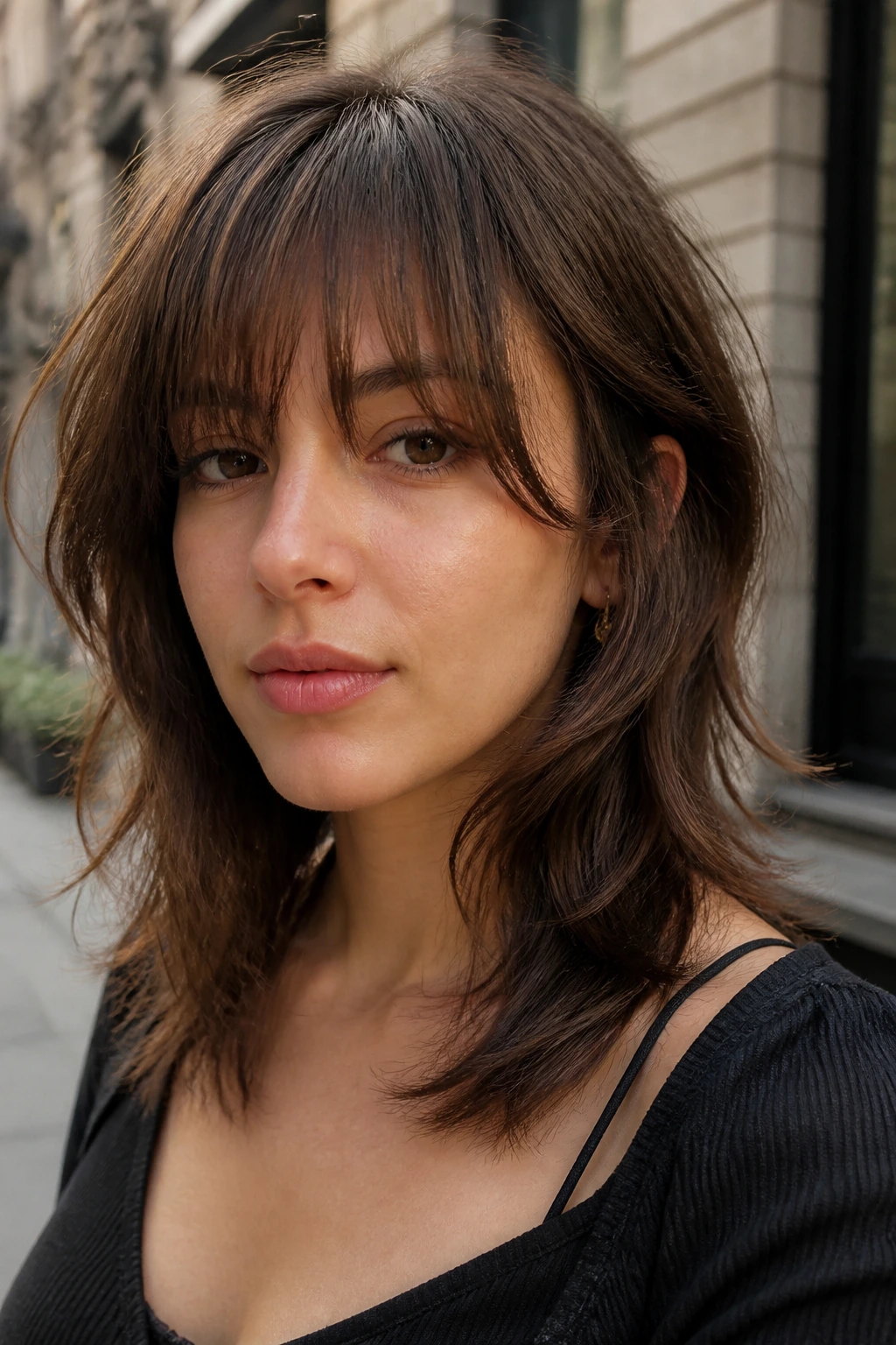 Portrait of person with shaggy fringe and face-framing layers in outdoor light