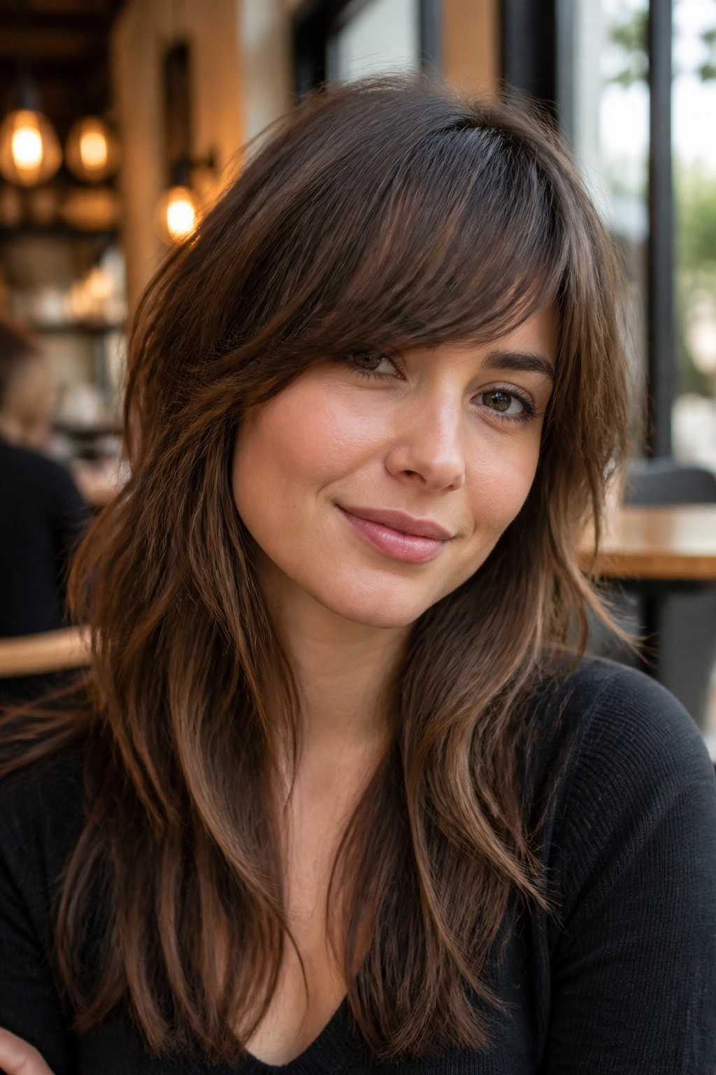 Close-up of real person with shaggy fringe blending into layers