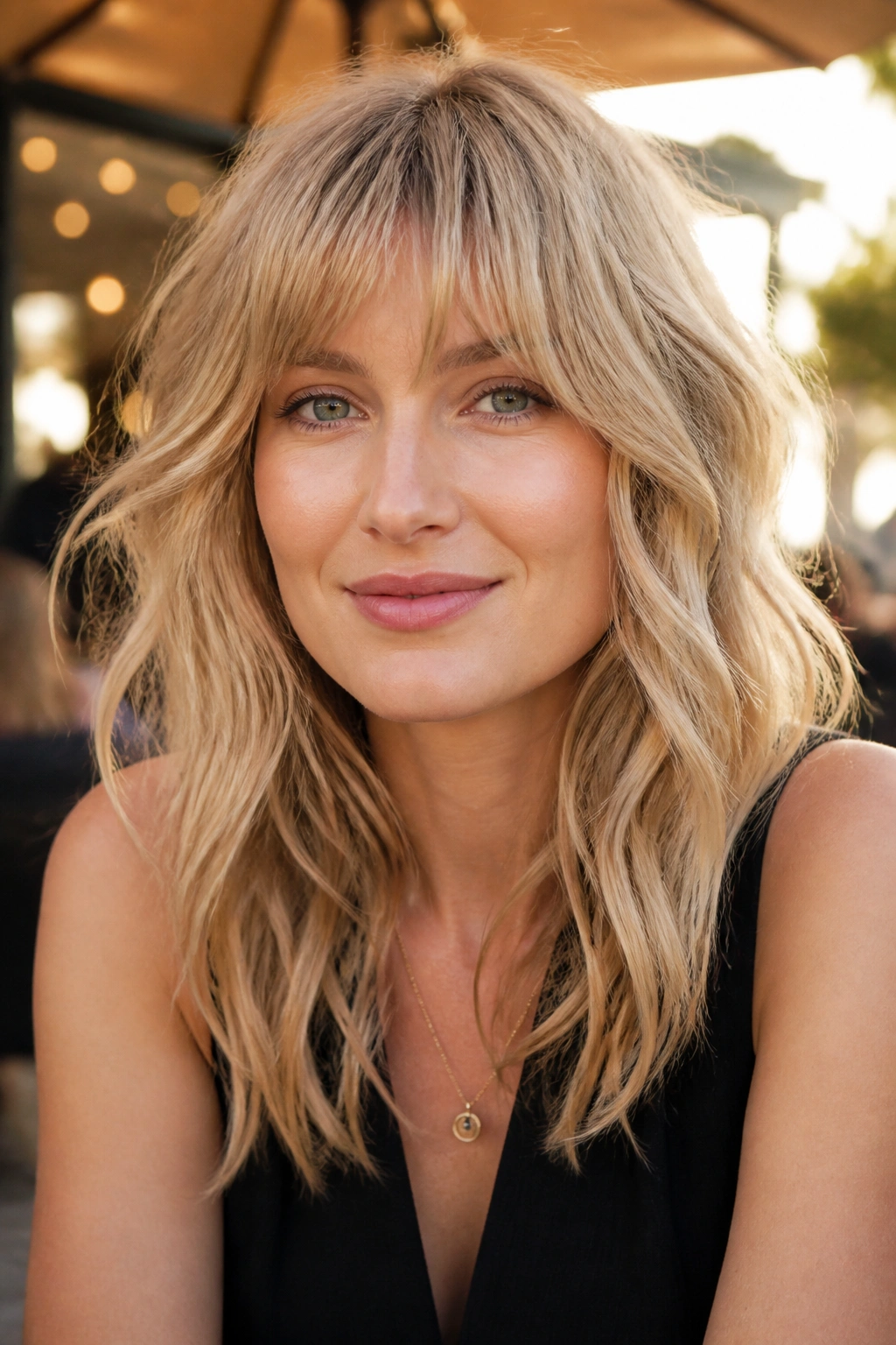 Real woman with shaggy fringe and loose waves in medium blonde.