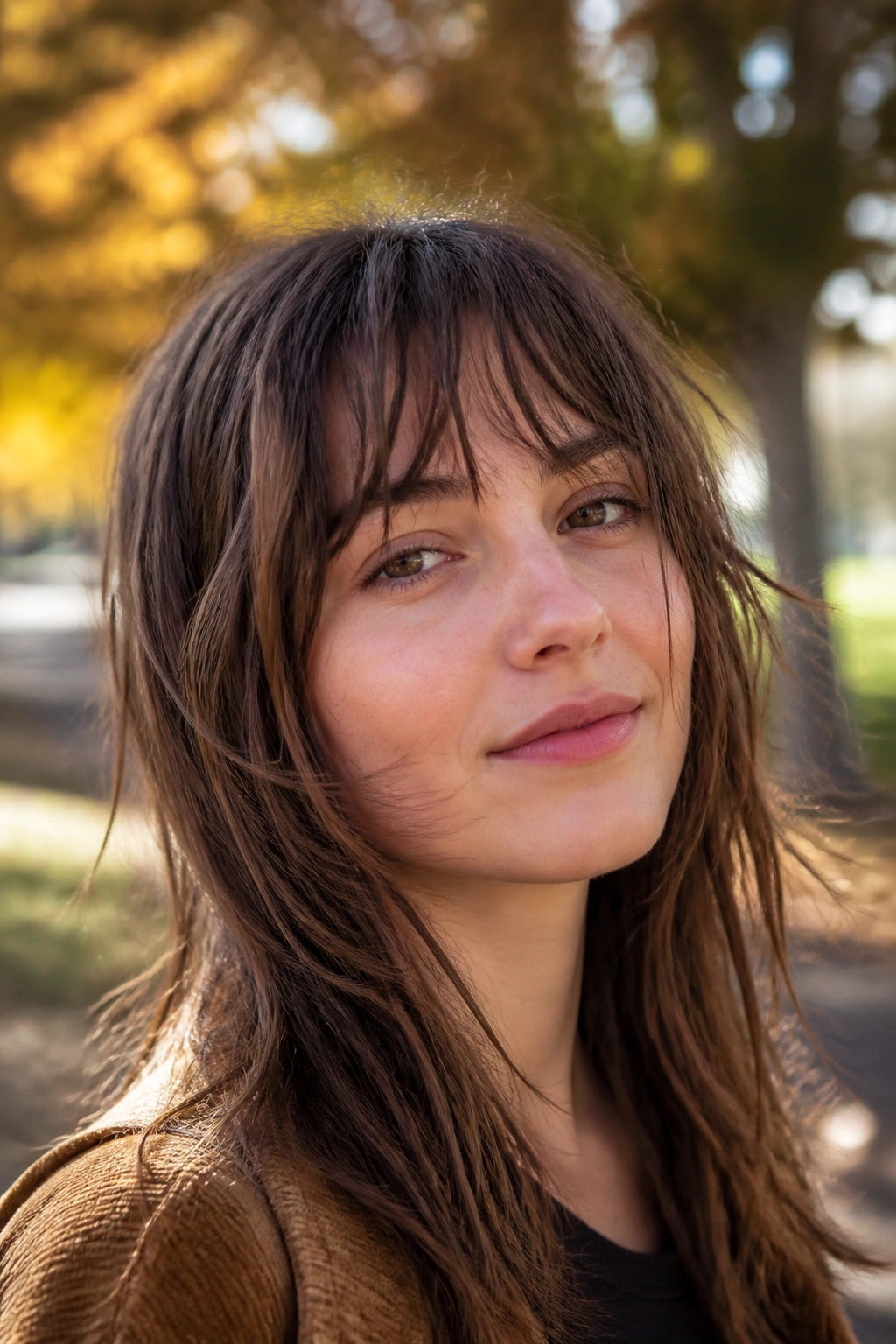Real woman with shaggy fringe in outdoor park lit by soft sunlight.