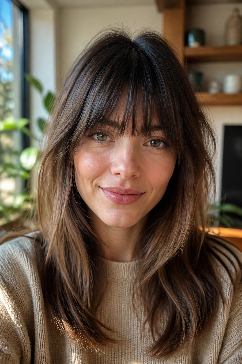 Close-up portrait of a real person with shaggy straight fringe and soft texture in sunlit room