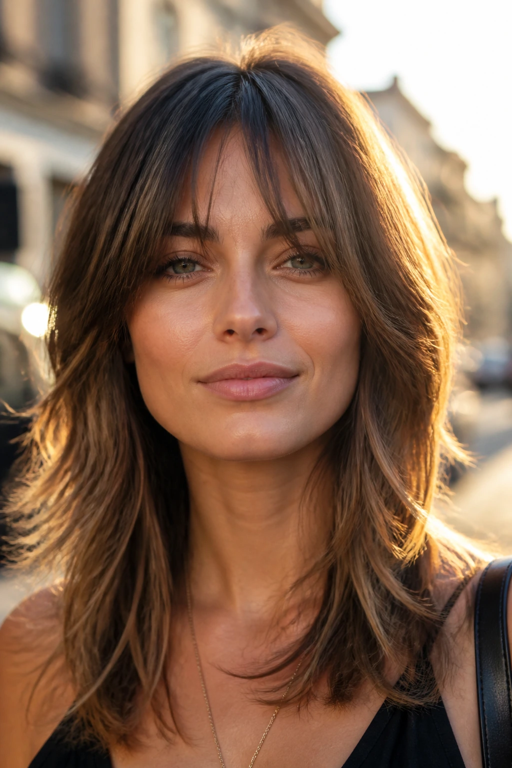 Close-up of a real woman with shaggy long fringe in golden hour street light