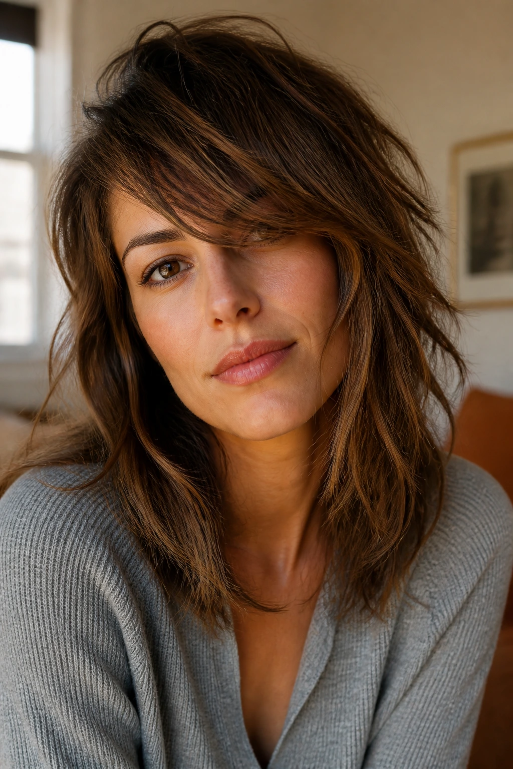 Close-up of a real woman with a textured shag and side-swept fringe in warm window light