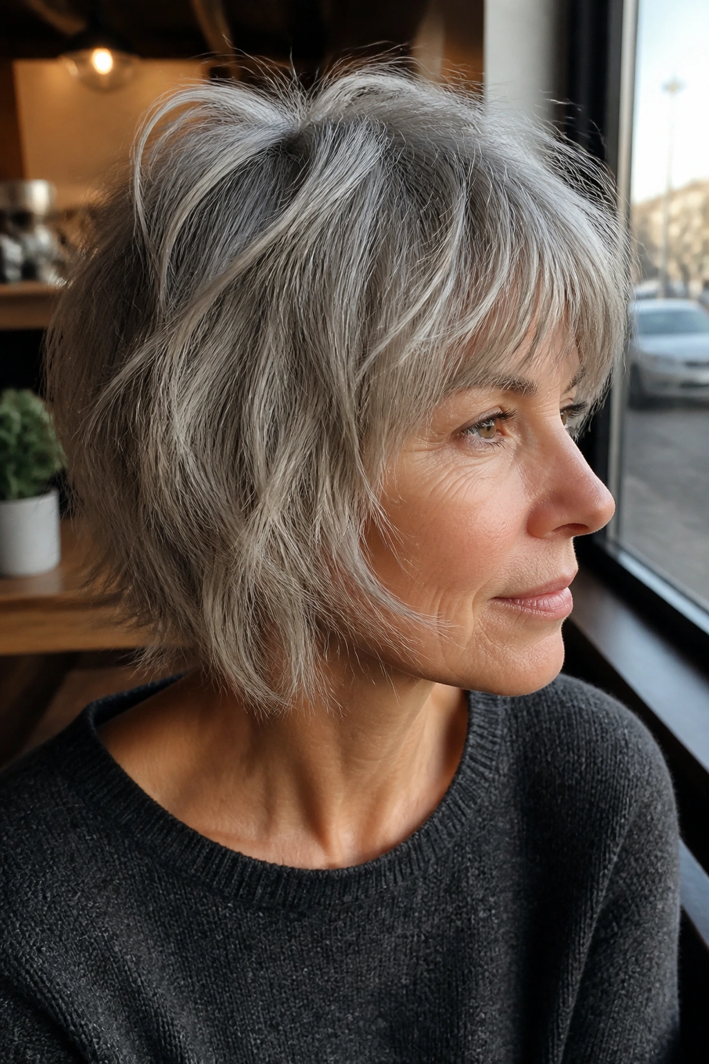 Real woman with a shaggy gray bob and piecey texture in soft cafe light.