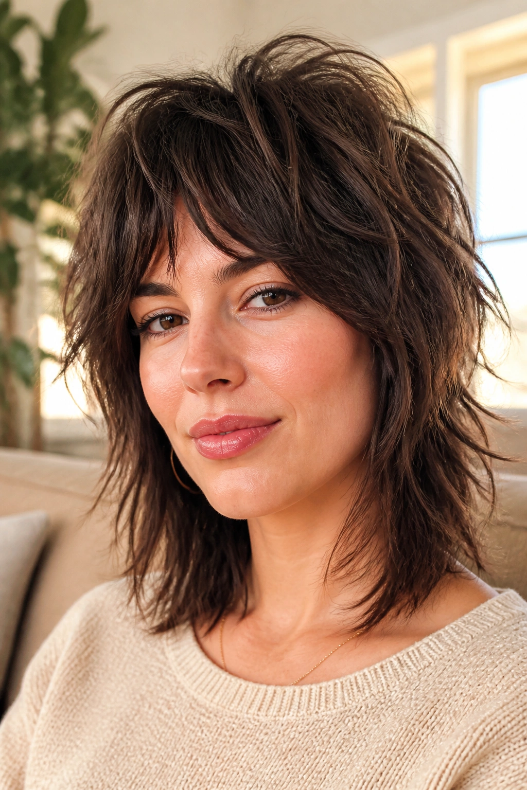 Close-up of a real woman with a shaggy mid-length cut and choppy ends in warm window light