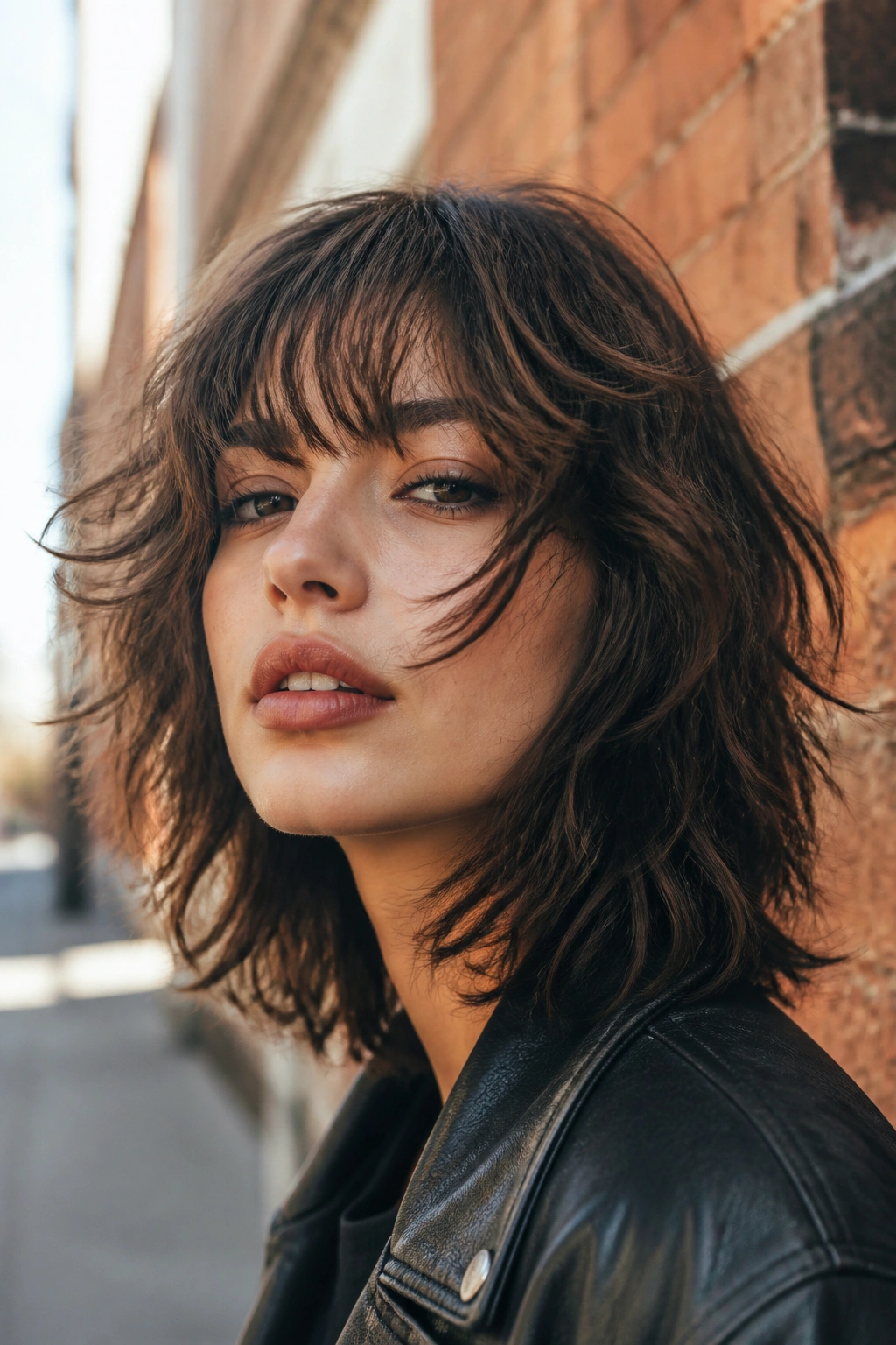 Real woman with shaggy half bangs and choppy ends, urban street setting