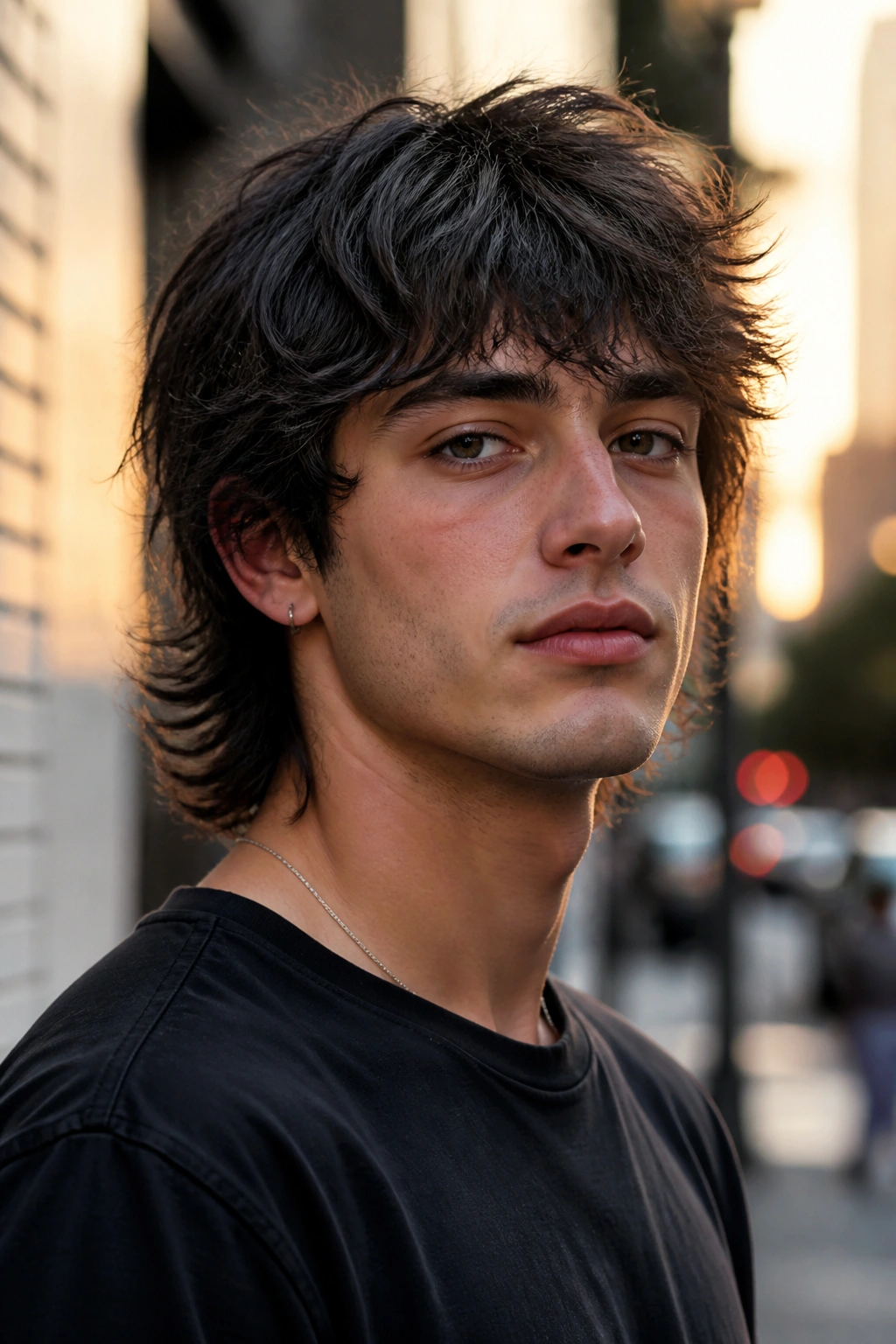 Close-up portrait of a real man with shaggy layered wolf cut on a sunlit urban street
