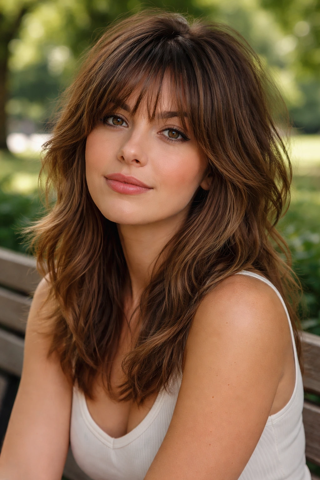 Close-up portrait of a real person with shaggy layers and bangs