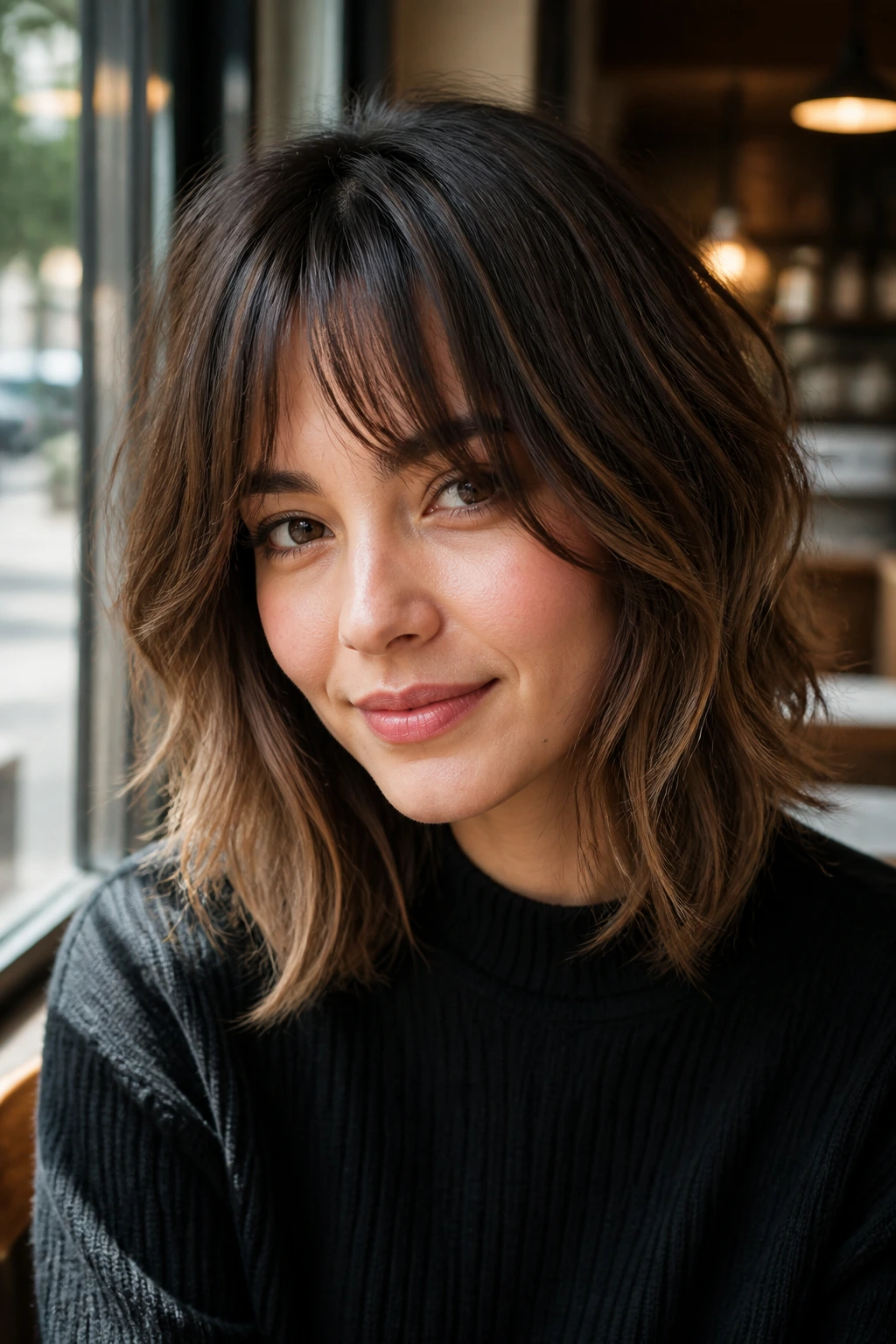 Close-up of a real woman with a shaggy lob and bottleneck bangs in natural light