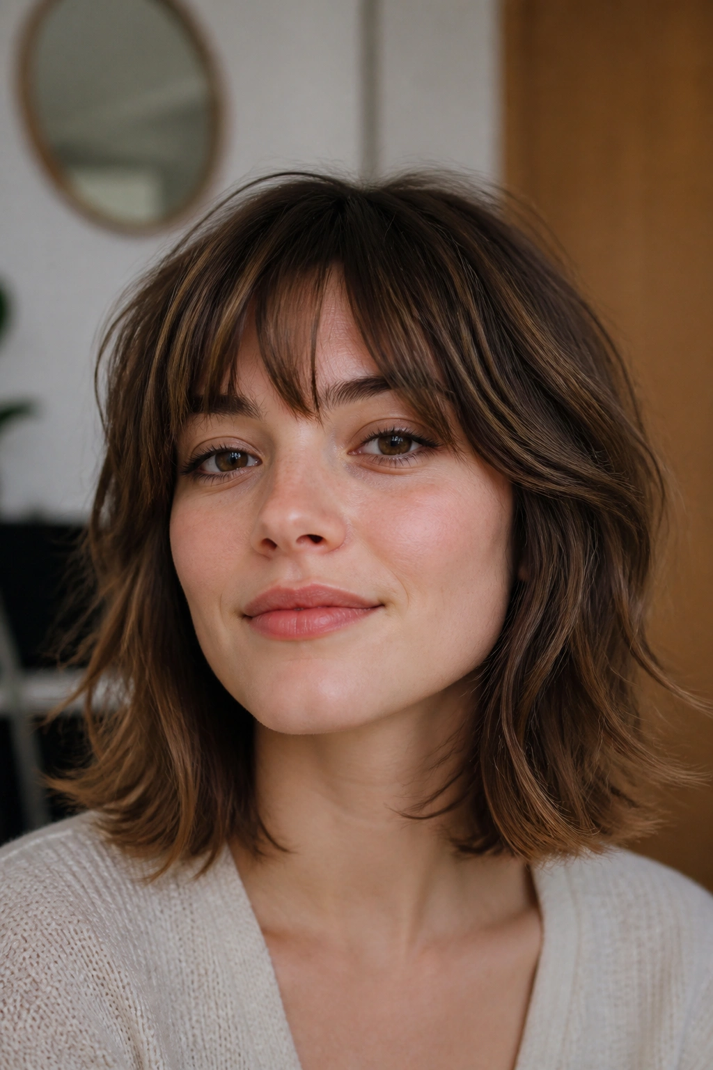 Close-up portrait of a real person with a shaggy lob and choppy fringe, flipped ends