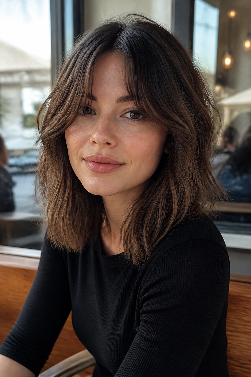 Portrait of a woman with a shaggy lob and curtain bangs in natural daylight.