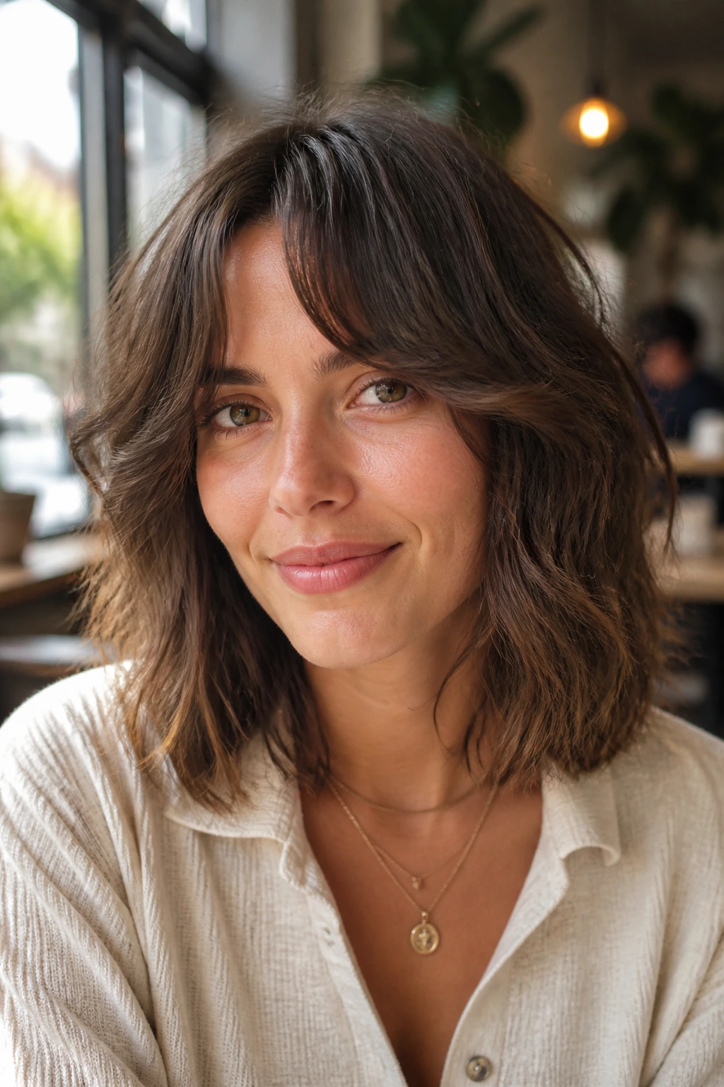 Close-up of a real woman with a shaggy lob and curtain fringe framing her face.