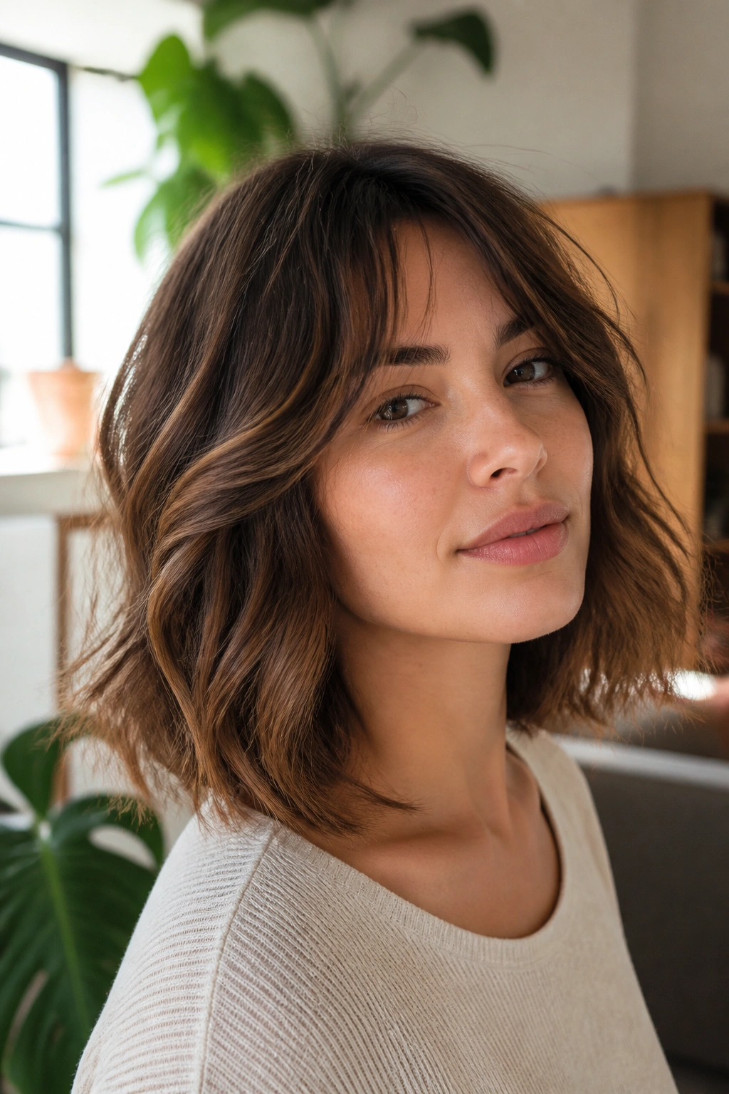 Close-up portrait of a real woman with a shaggy long bob and feathered ends.