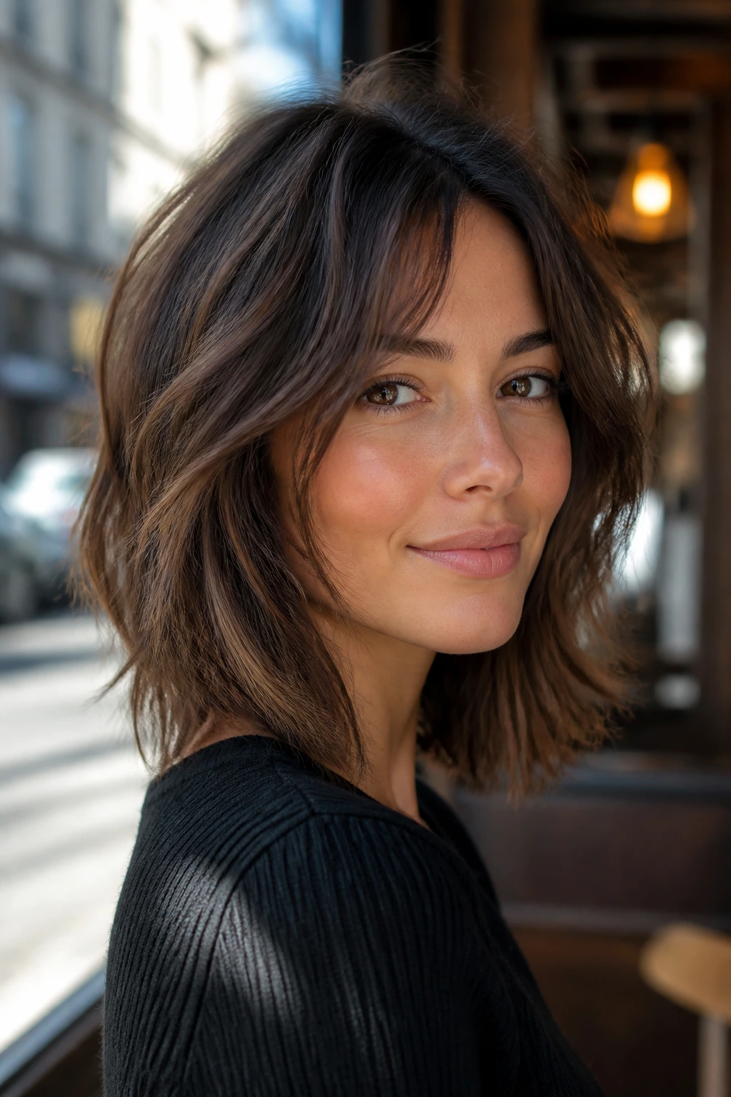 Portrait of a real woman with a shaggy graduated lob in a cafe setting