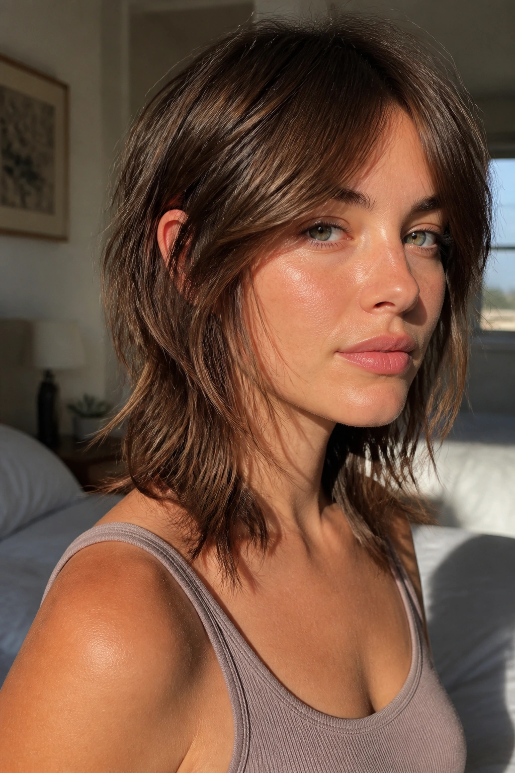 Close-up of a real woman with a shaggy lob wolf cut, textured top layers and soft bent ends.
