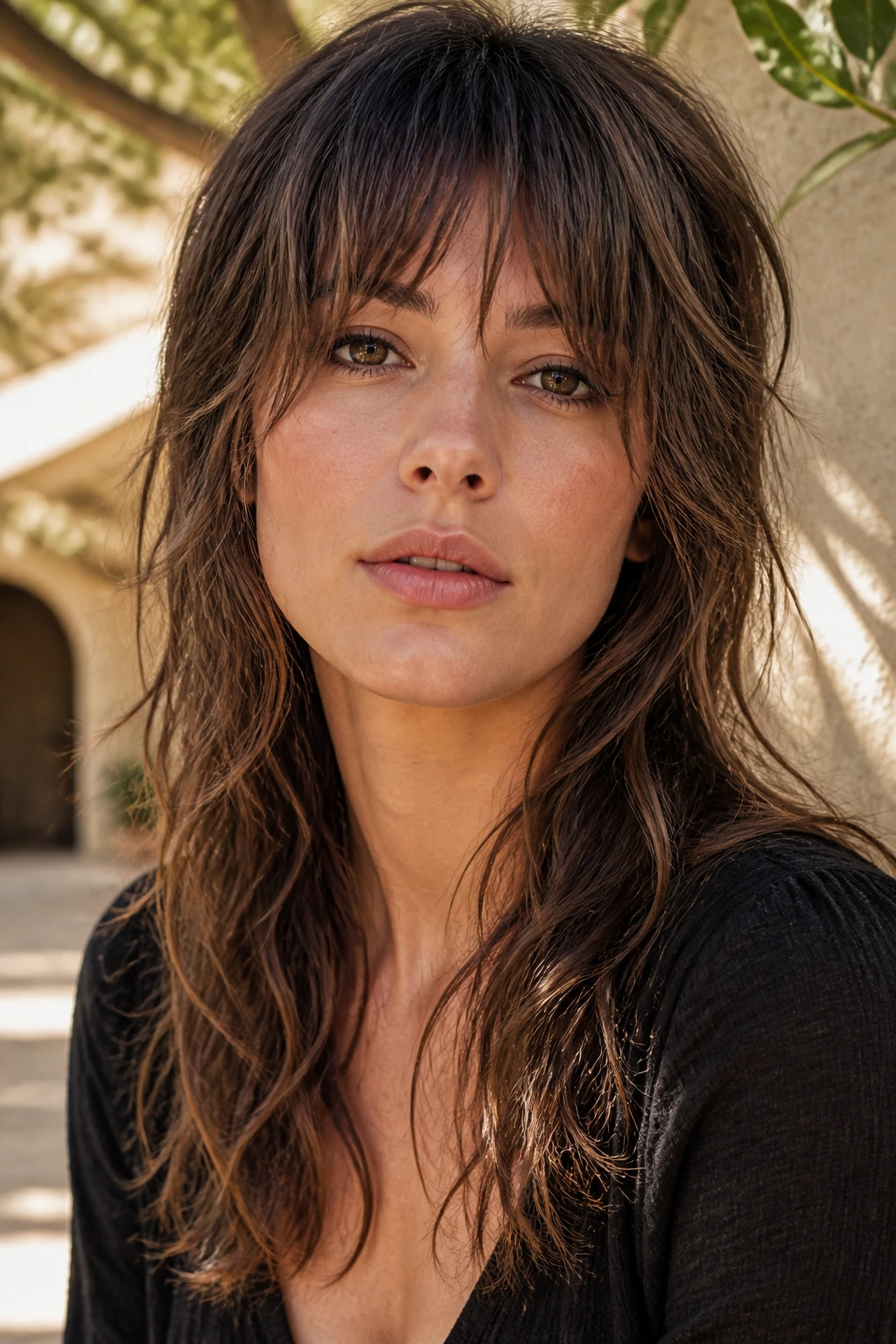 Close-up of a woman with shaggy long bangs in a sunlit outdoor setting