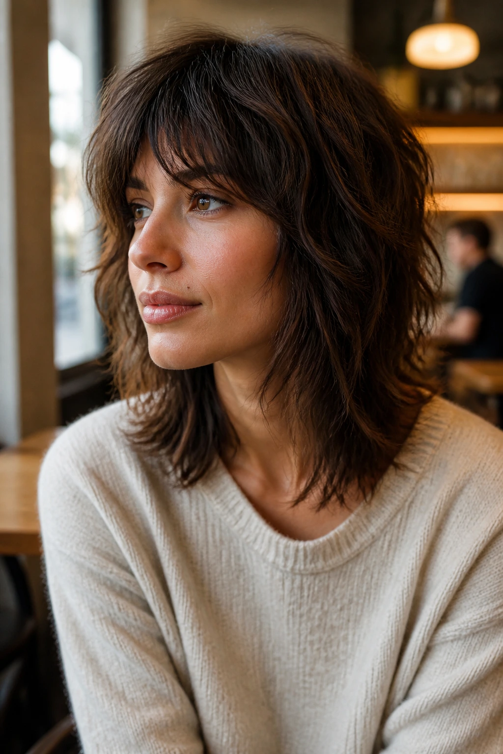 Portrait of a woman with a shaggy medium cut and broken ends